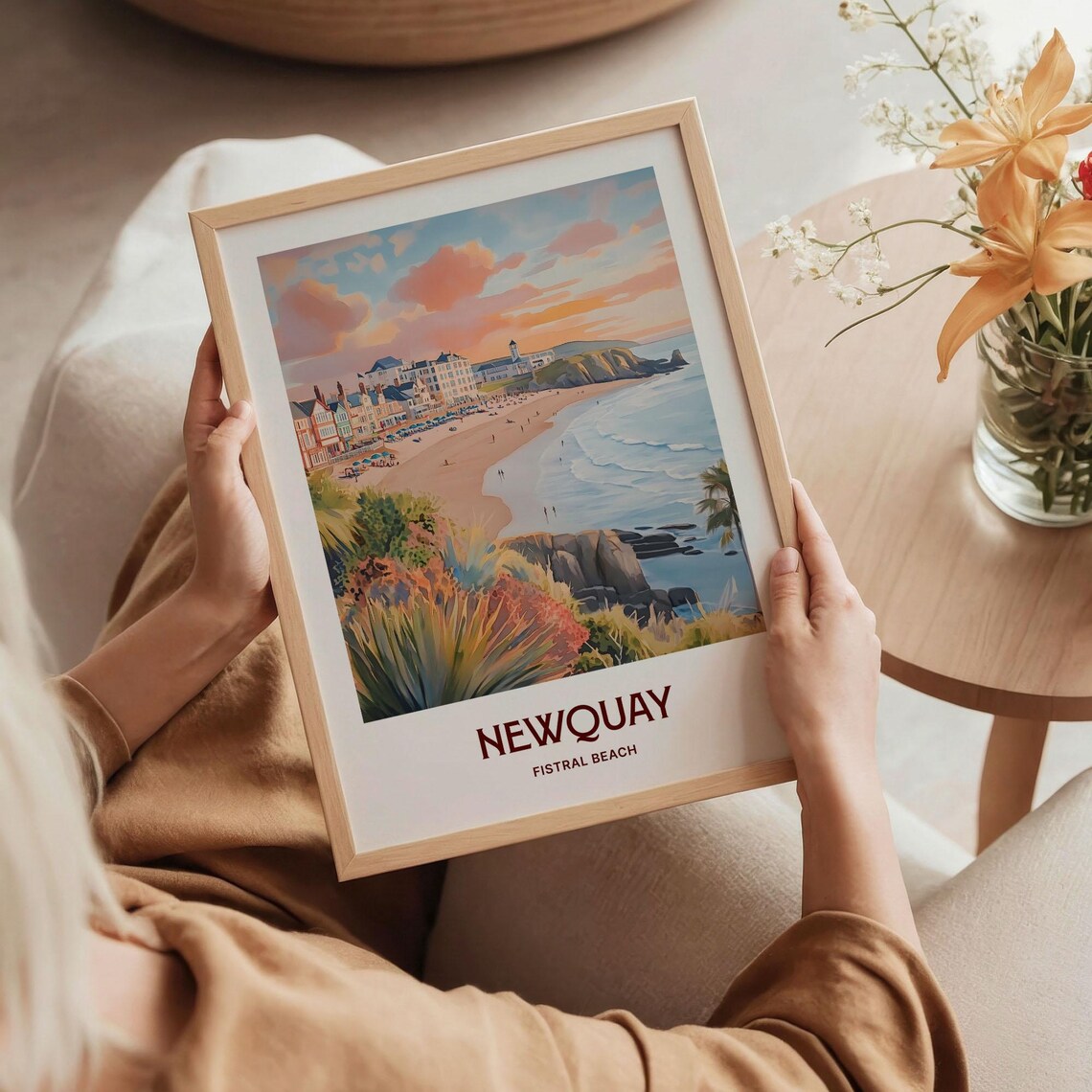Newquay Fistral Beach Sunset Cornwall Watercolor Coastal Travel Poster - Image 5