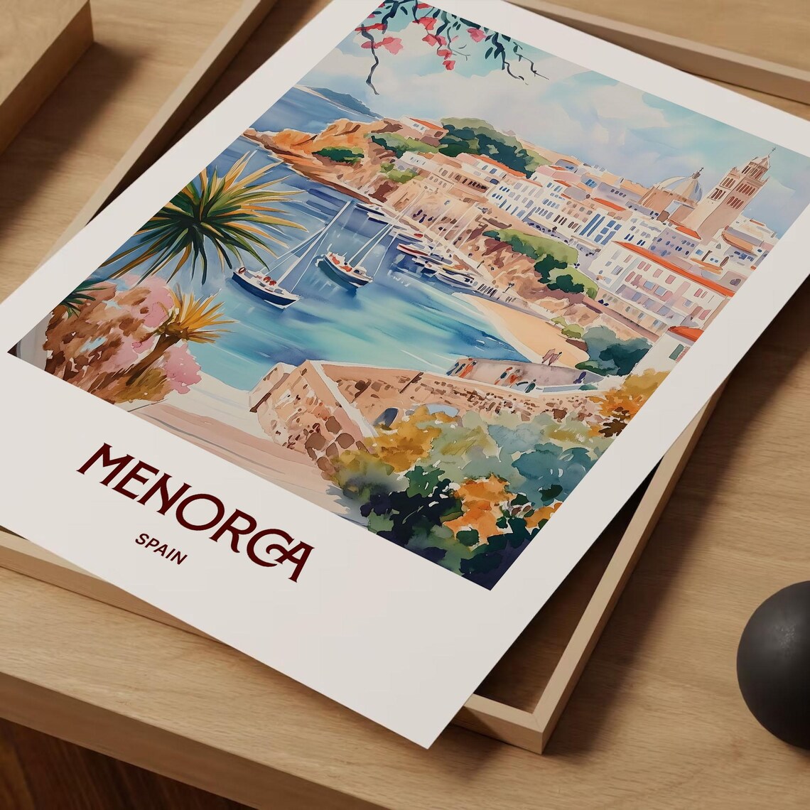 Menorca Spain Watercolor Harbor Sailboats Whitewashed Coastal Town Poster - Image 2