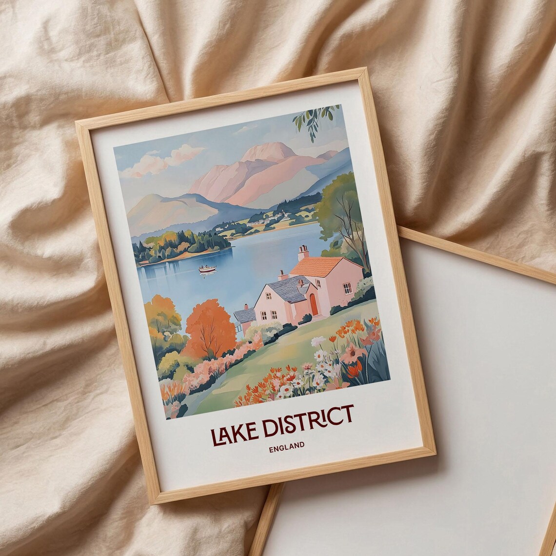 Lake District England Pastel Cottage Lake Rowboat Fells Poster - Image 3