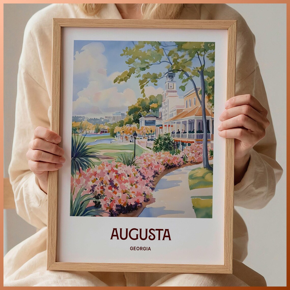 Augusta Georgia Blooming Riverwalk Gardens Watercolor Travel Poster