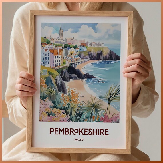 Pembrokeshire Wales Coastal Town Beach Cliffs Watercolor Travel Poster