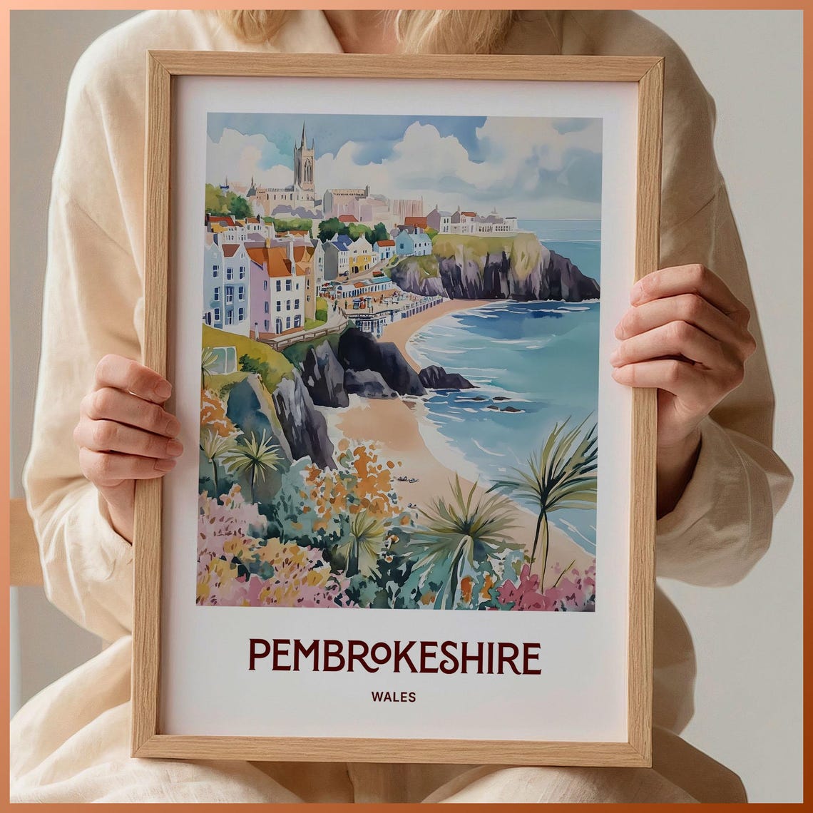Pembrokeshire Wales Coastal Town Beach Cliffs Watercolor Travel Poster