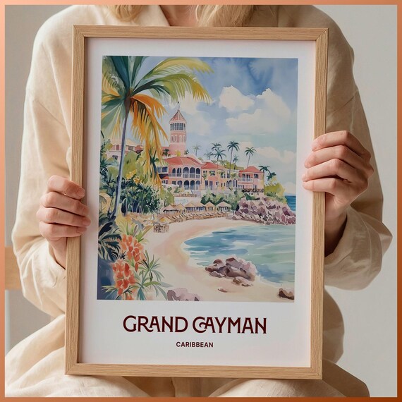Grand Cayman Caribbean Beach Resort Palm Watercolor Island Poster