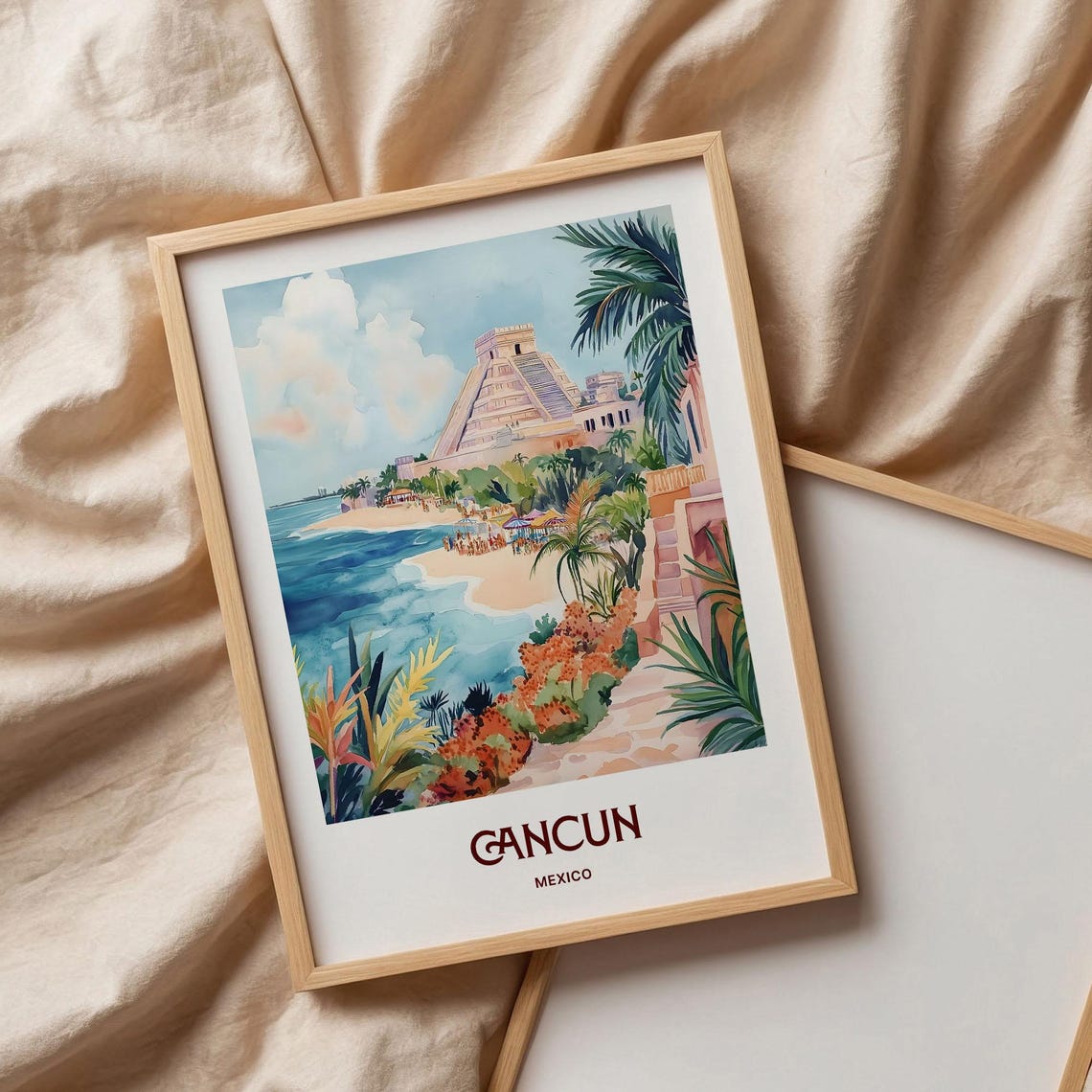 Cancun Mexico Beach Mayan Pyramid Palms Watercolor Travel Poster