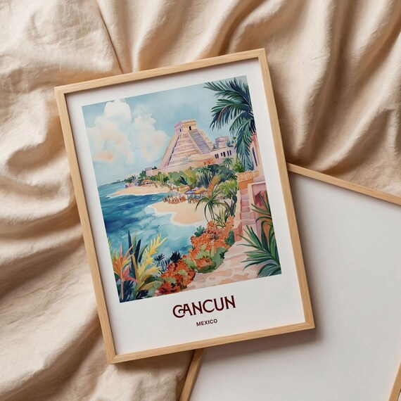 Cancun Mexico Beach Mayan Pyramid Palms Watercolor Travel Poster