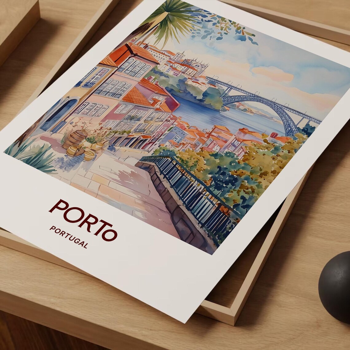Porto Portugal Riverside Arched Bridge Old Town Watercolor Poster - Image 2