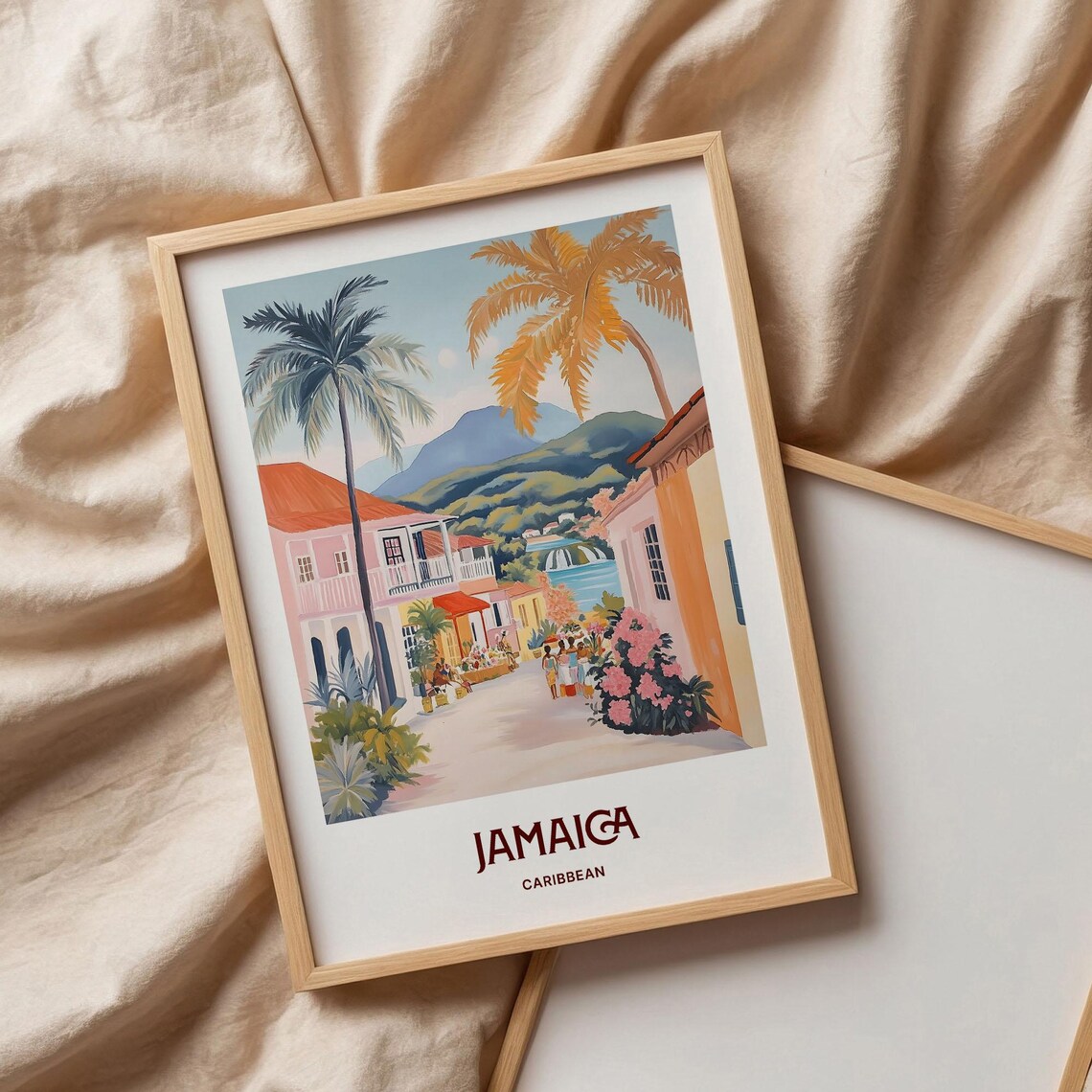 Jamaica Caribbean Harbor Town Palms Tropical Travel Art Poster - Image 3