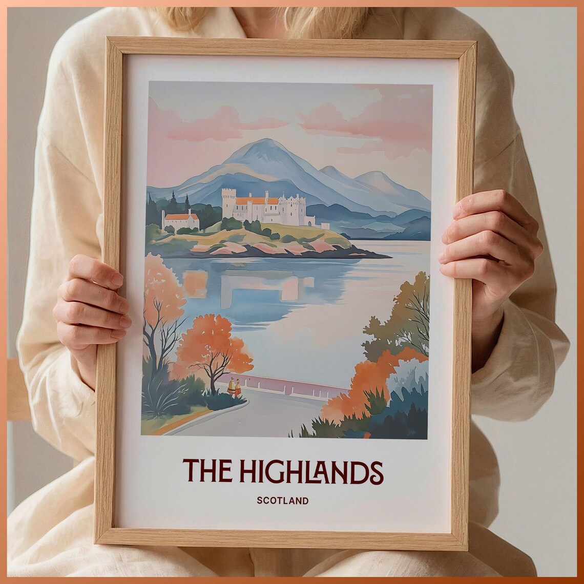 Scottish Highlands Castle Loch Mountain Watercolor Travel Poster