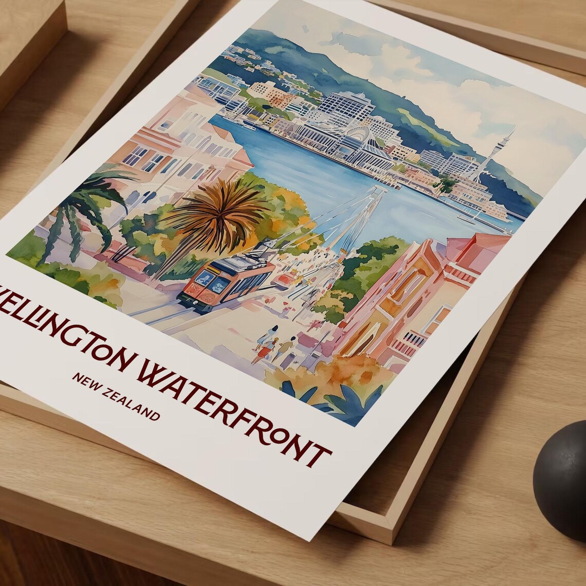 Wellington Waterfront New Zealand Cable Car Harbor Watercolor Travel Poster - Image 2