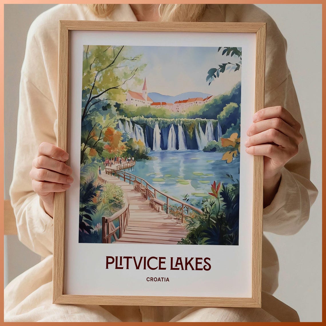 Plitvice Lakes Croatia Watercolor Waterfall Boardwalk Poster