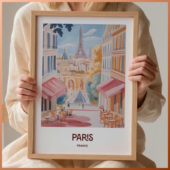Paris France Eiffel Tower Louvre Pyramid Cafe Street Poster Art