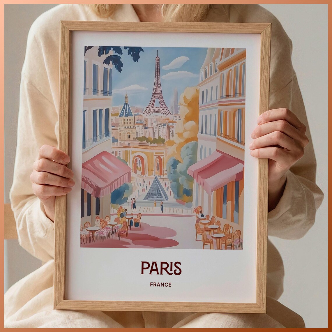 Paris France Eiffel Tower Louvre Pyramid Cafe Street Poster Art