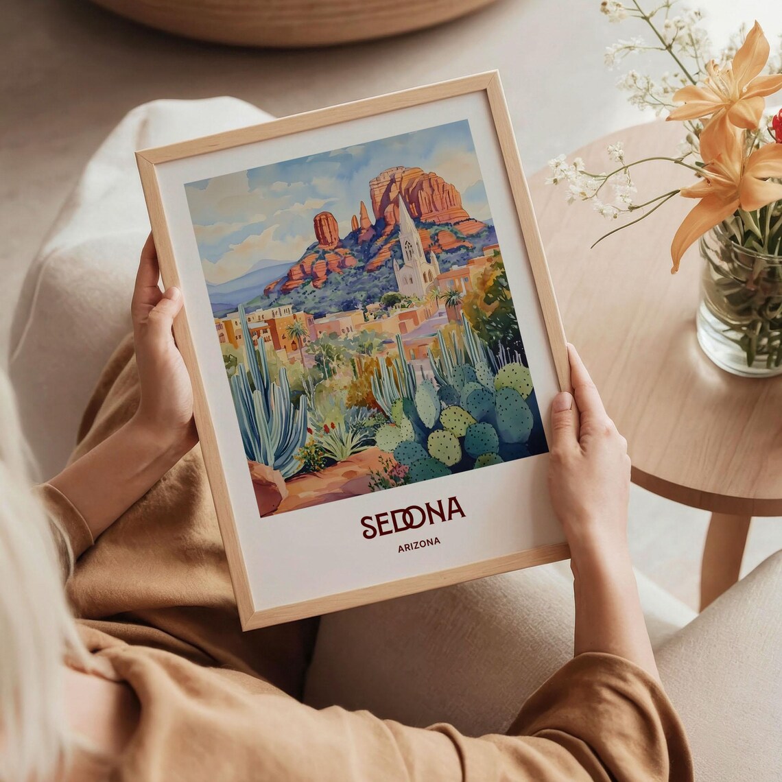Sedona Arizona Red Rock Chapel Watercolor Poster Desert Cacti - Image 5