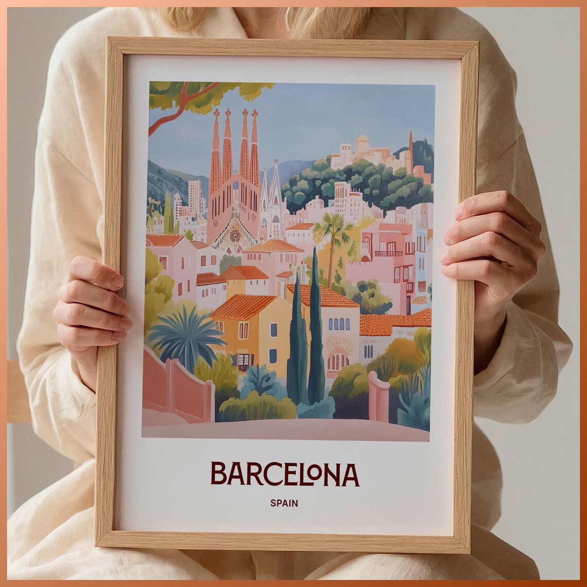 Barcelona Spain Sagrada Familia Cityscape Pastel Scene Art Poster