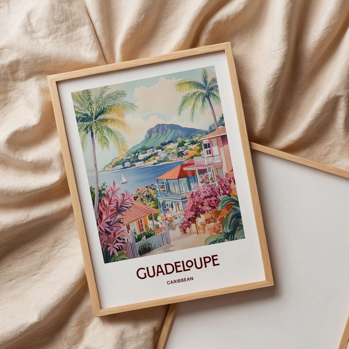 Guadeloupe Caribbean Watercolor Bay Sailboats Hillside Town Flower Art Poster - Image 3