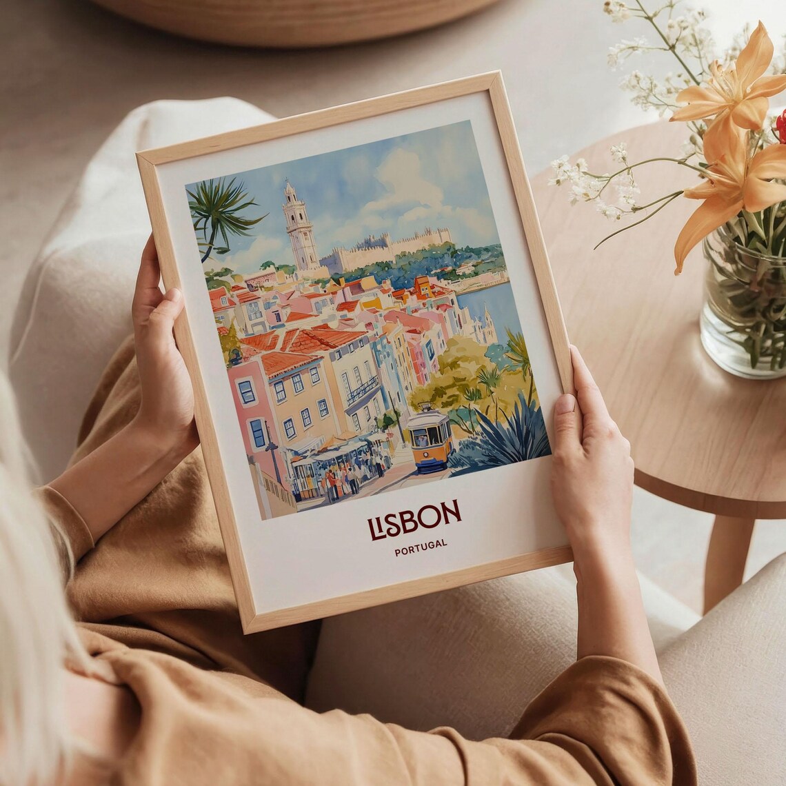 Lisbon Portugal Yellow Tram Alfama Street Watercolor Travel Poster - Image 5