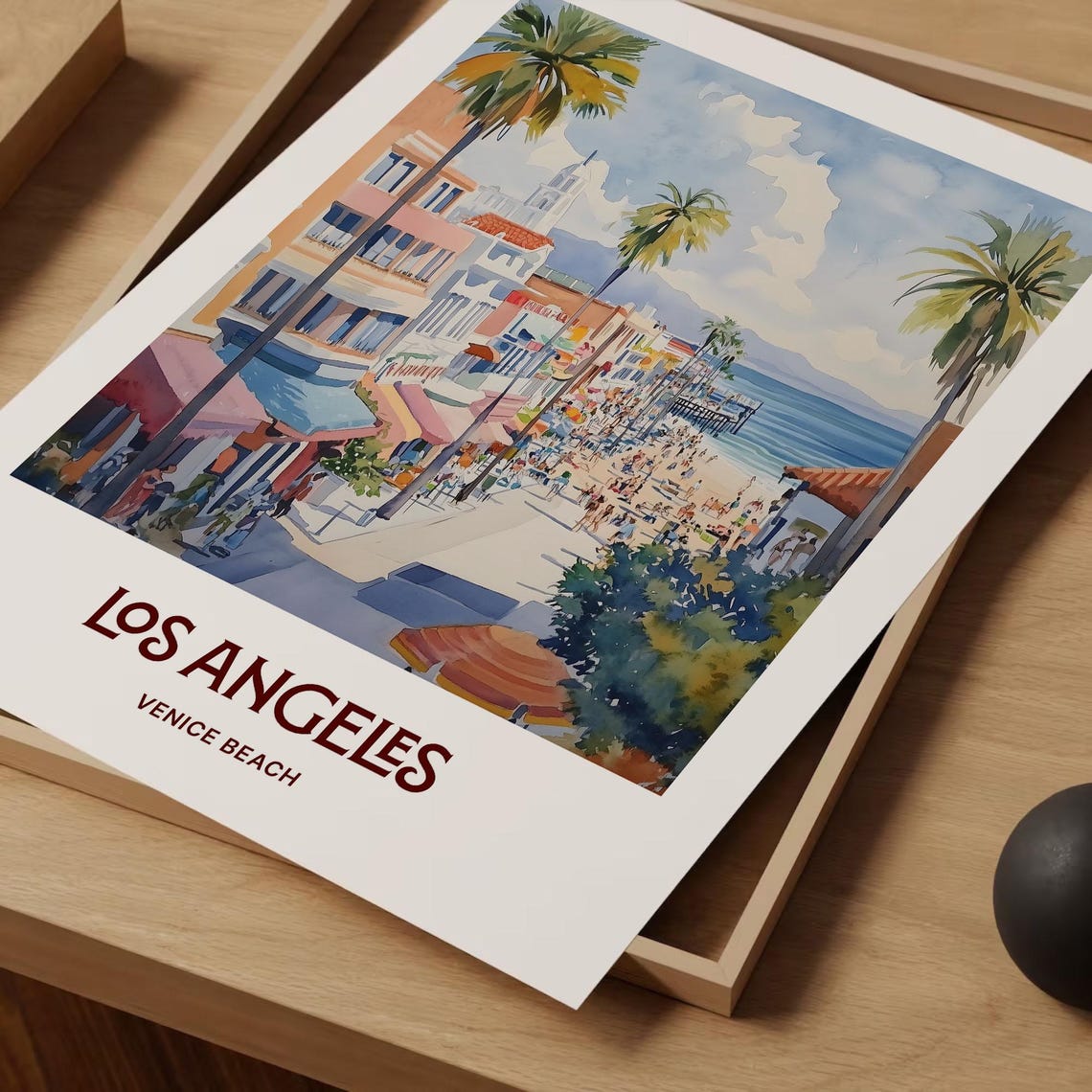 Los Angeles Venice Beach Watercolor Boardwalk Palms Ocean Scene Poster - Image 2