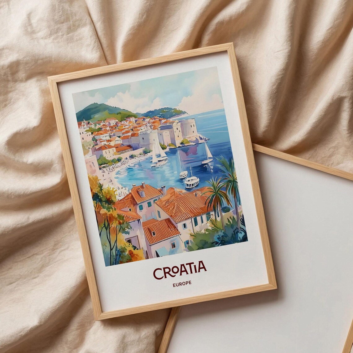 Croatia Dubrovnik Old Town Harbor Sailboats Watercolor Travel Art Poster - Image 3