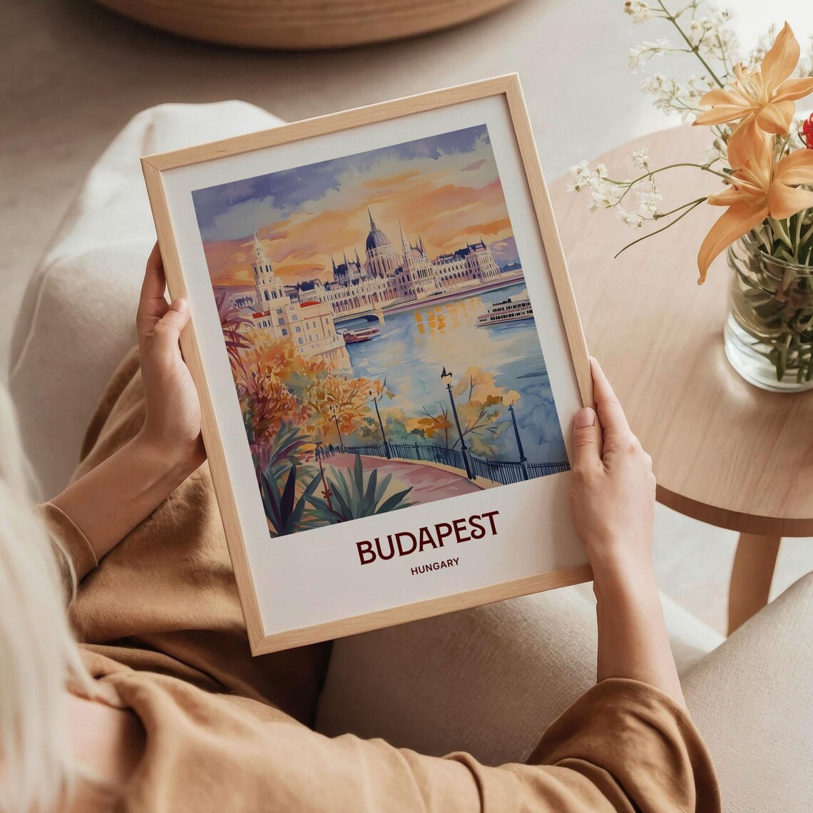 Budapest Hungary Parliament Danube Sunset Watercolor Cityscape Travel Poster - Image 5