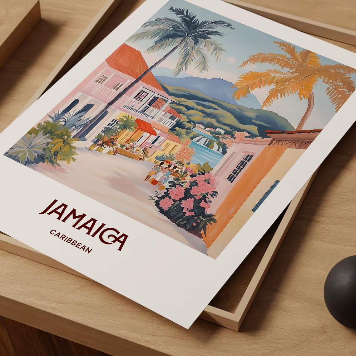 Jamaica Caribbean Harbor Town Palms Tropical Travel Art Poster - Image 2
