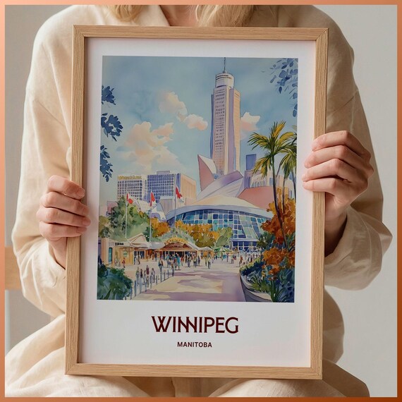 Winnipeg Manitoba Skyline Plaza Watercolor Travel Poster Canada