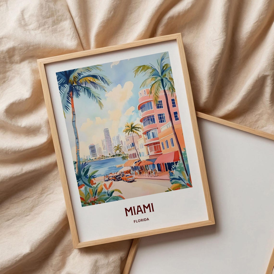 Miami Florida Ocean Drive Art Deco Beach Watercolor Travel Poster - Image 3