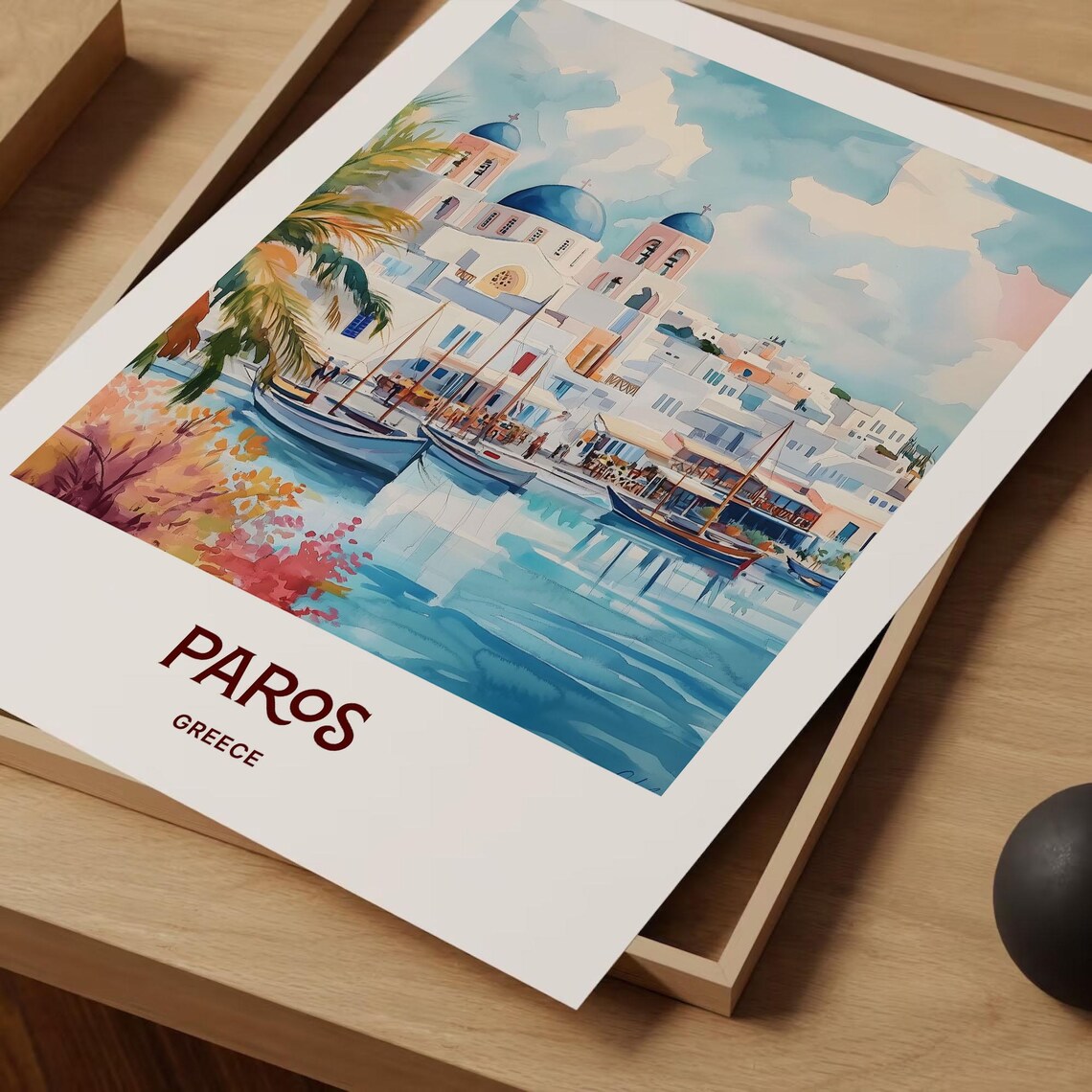 Paros Greece Blue Domed Church Harbor Boats Watercolor Island Poster - Image 2