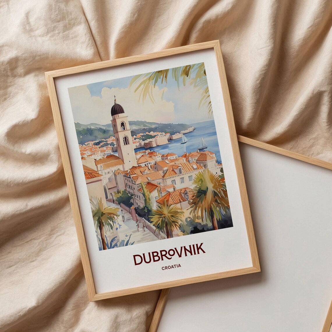 Dubrovnik Croatia Old Town Bell Tower Sailboats Watercolor Poster - Image 3