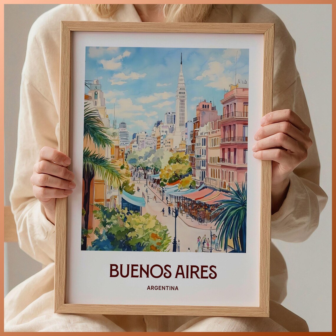 Buenos Aires Argentina Watercolor Avenue Cafe Culture City Scene Poster