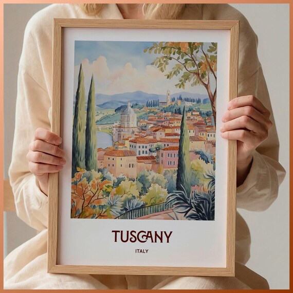 Tuscany Italy Cypress Hill Town Watercolor Poster Rustic Travel