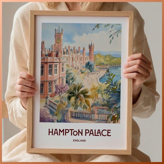 Hampton Palace England Clock Tower Watercolor Poster Thames Gardens