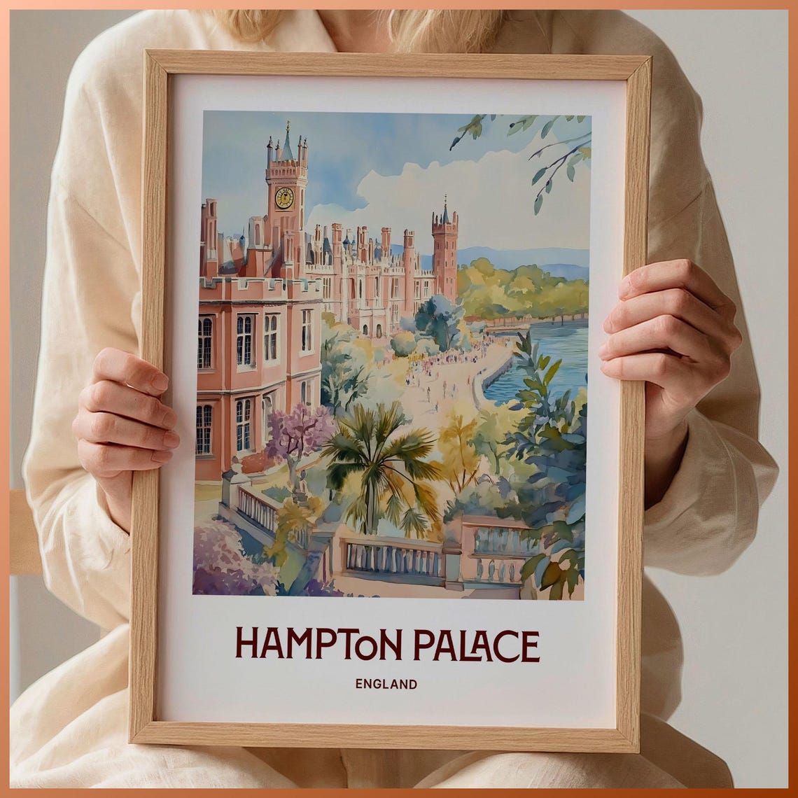 Hampton Palace England Clock Tower Watercolor Poster Thames Gardens