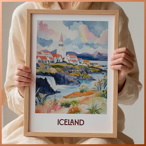 Iceland Coastal Church Waterfall Mountains Watercolor Travel Art Poster