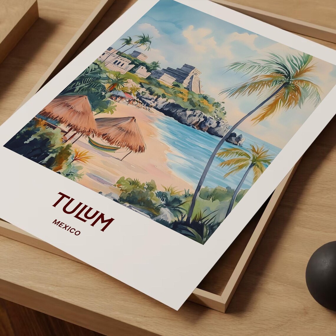 Tulum Mexico Maya Ruins Beach Palms Watercolor Travel Poster - Image 2