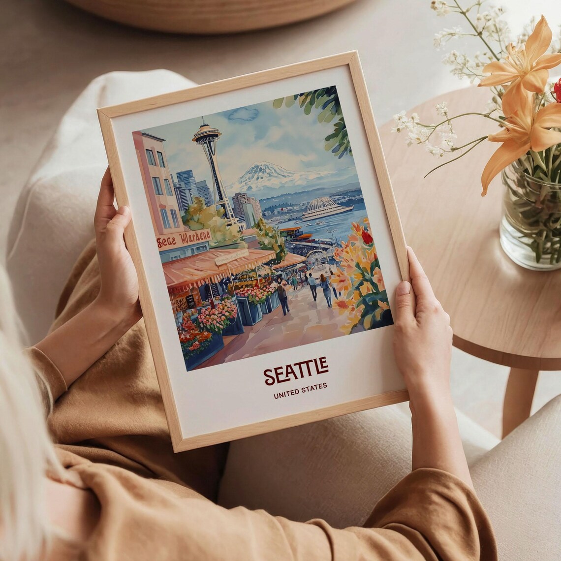 Seattle Pike Place Space Needle Rainier Watercolor Travel Poster - Image 5