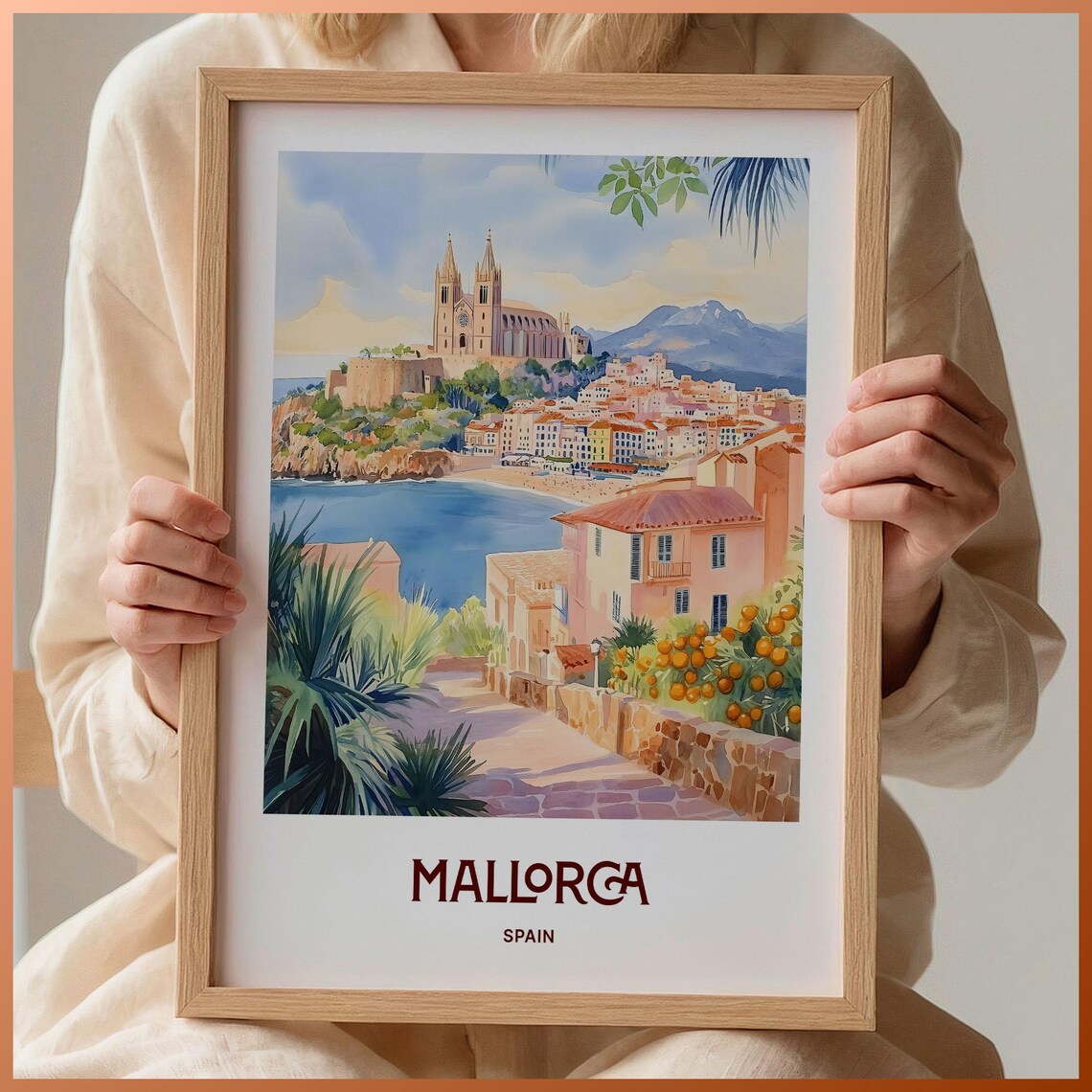 Mallorca Spain Island Cathedral Bay Watercolor Coastal Travel Poster