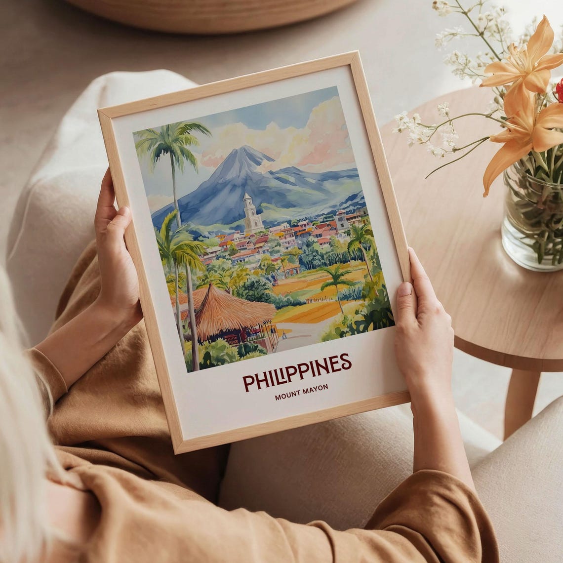 Philippines Mount Mayon Volcano Town Watercolor Travel Poster - Image 5