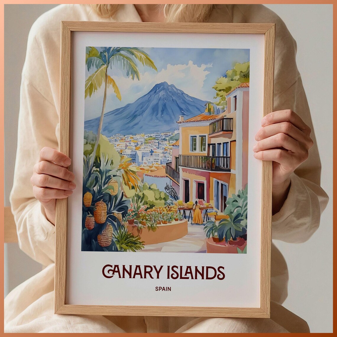 Canary Islands Spain Volcano Peak Town Watercolor Island Poster