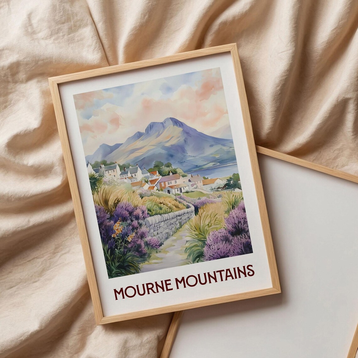 Mourne Mountains Village Heather Trail Watercolor Landscape Poster - Image 3