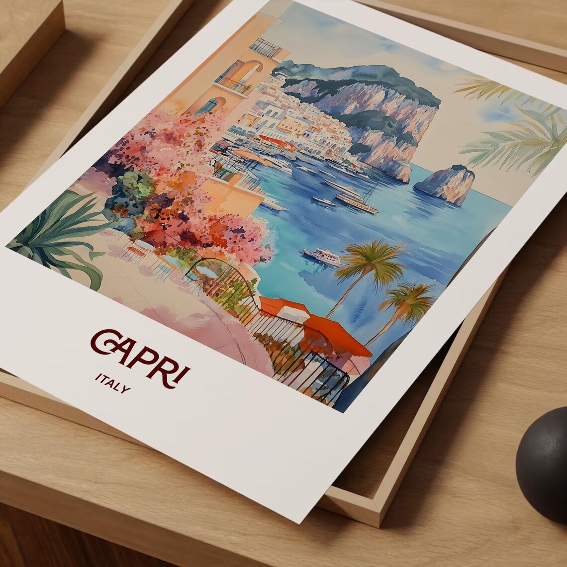 Capri Italy Watercolor Faraglioni Rocks Coast Harbor View Poster - Image 2