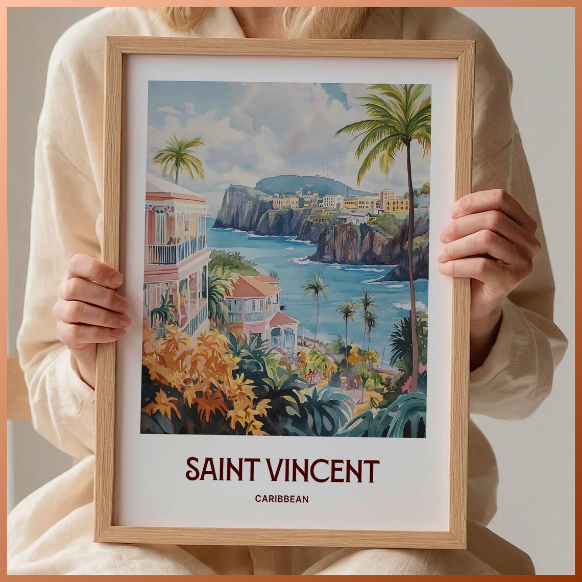 Saint Vincent Caribbean Tropical Coast Palms Watercolor Travel Poster