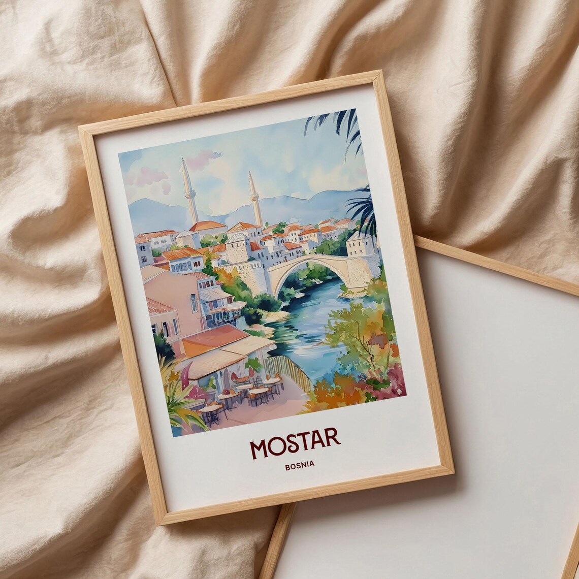 Mostar Bosnia Stari Most Bridge River Watercolor Travel Poster - Image 3