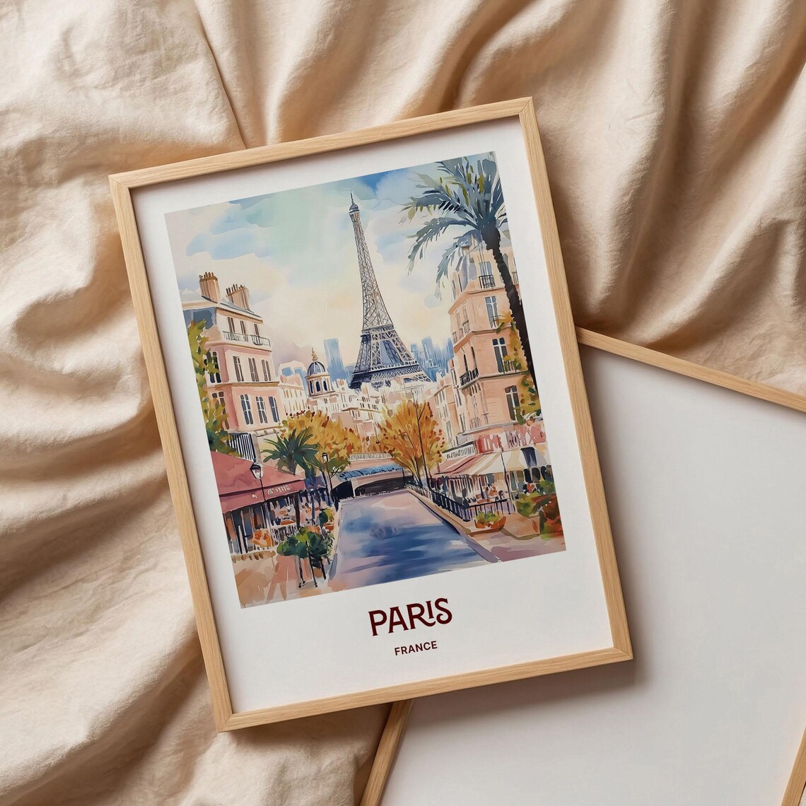 Paris France Eiffel Tower Street Cafe Watercolor Travel Poster - Image 3
