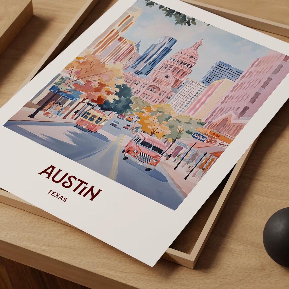 Austin Texas Capitol Building Downtown Street Watercolor Travel Poster - Image 2