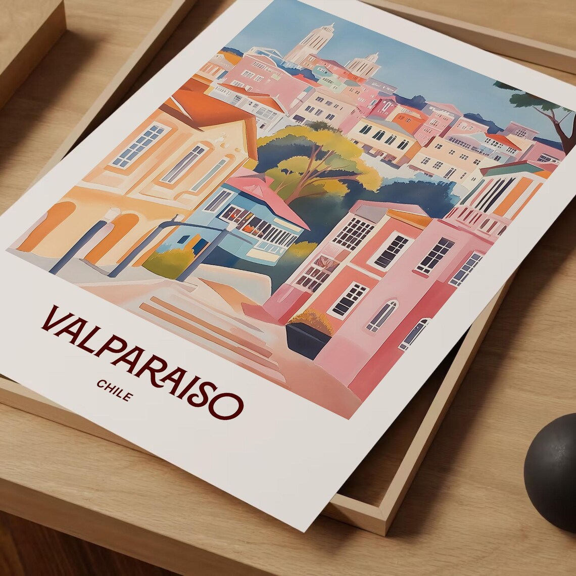 Valparaiso Chile Colorful Hillside Houses Stairs Watercolor Travel Poster - Image 2