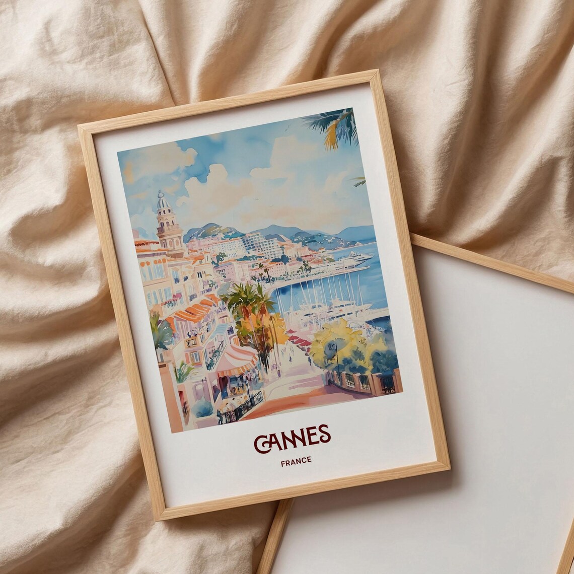 Cannes France Riviera Harbor Pastel Watercolor Travel Poster - Image 3