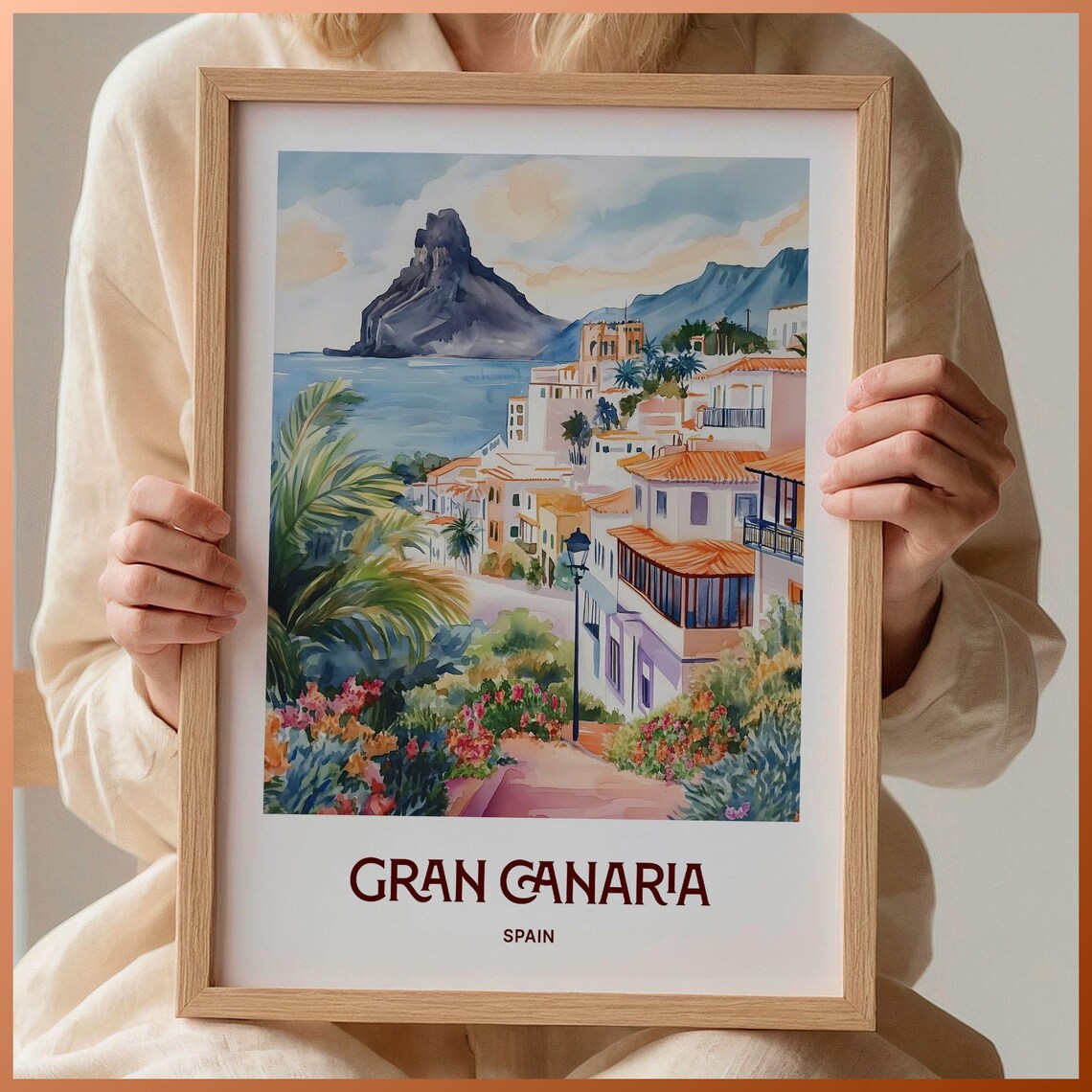 Gran Canaria Spain Watercolor Volcano Mountain Coast Travel Poster