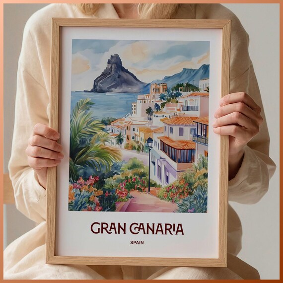 Gran Canaria Spain Watercolor Volcano Mountain Coast Travel Poster