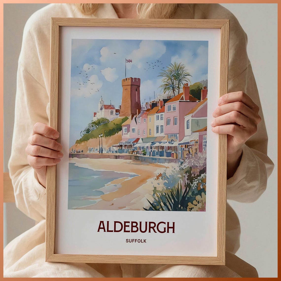 Aldeburgh Suffolk Seaside Town Martello Tower Watercolor Beach Poster