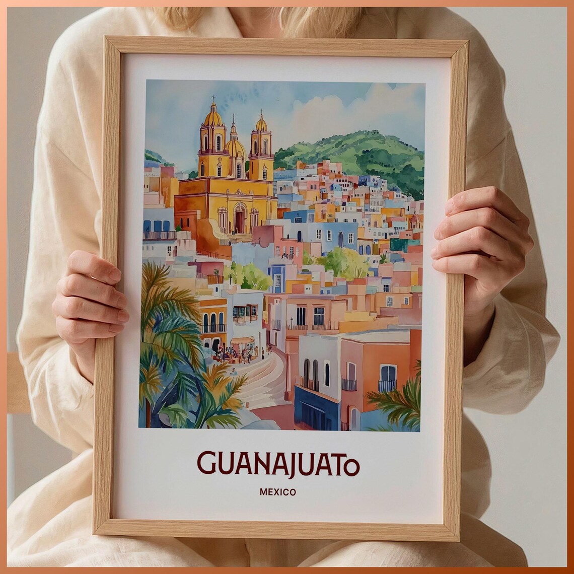 Guanajuato Mexico Colorful Hillside City Watercolor Travel Poster